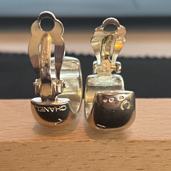 Chanel Sterling Silver Logo Engraved Half Hoop Clip On Earrings Authenticated - Picture 3 of 16